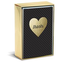 Graphique Heart of Gold Boxed Notecards, 16 Black and Gold Polka-Dotted"Thanks" Message Cards, Embellished Gold Foil Notecards with Matching Envelopes and Storage Box, 3.25" x 4.75"