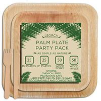Palm leaf plates | Bamboo like | All natural | Compostable & Biodegradable | Sustainable | Dinnerware | 150 pieces | 25 10" plates | 25 8" plates | 50 wood forks | 50 wood knives