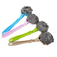 EORTA 4 Pieces Stainless Steel Sponges Scrubbers Metal Scouring Pads with Long Handle Scourer Pot Brush Kitchen Hanging Strong Cleaner Steel Ball, Random Color
