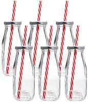 Estilo Dairy Reusable Glass Milk Bottles with Straws and Metal Screw on Lids (Set of 6), 10.5 oz, Clear