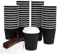 Galashield 12 Oz Disposable Coffee Cups with Lids 50 Pack Hot Paper Ripple Cup with Stirring Straws and Napkins