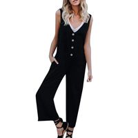 Hmlai Women's Summer Chiffon Sleeveless Button Decor Strappy Overall Casual Wide Leg Pant Romper Jumpsuit Playsuit (Black, XL)