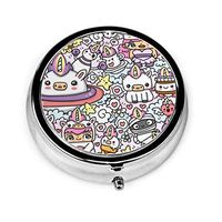 Kawaii Unicorn Cute Portable Vitamin Medicine Round Pill Case, Purse Pocket Pill Boxes Organizer with 3 Compartment