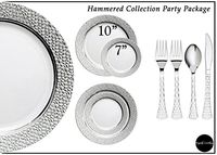 Royalty Settings Hammered Collection Hard Plastic Plates for Weddings for 120 Persons, Includes 120 Dinner Plates, 120 Salad Plates, 240 Forks, 120 Spoons, 120 Knives, White with Silver Rim