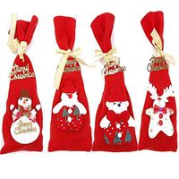 VEIREN 4 Pcs Christmas Bottle Cover Bags, Xmas Wine Holders Gift Red Santa|Bear|Snowman|Elk Decoration with Sequins Party/Hotel/Kitchen Decor