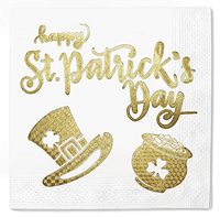 Happy St. Patrick's Party Day Coin Pack 100 Napkins White - Gold Foil Cocktail