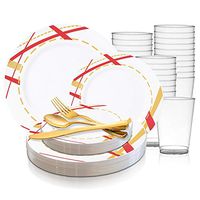 Disposable Plastic Dinnerware Wedding Value Set for 60 Guests - Fancy Round White with Red & Gold Dinner Plates, Dessert/Salad Plates, Gold Silverware Set & Cups For Birthday Party & Other Occasions