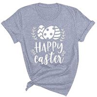 Eoeth Tops Blouse for Women Happy Easter Letter Printed Short Sleeves Pullover O-Neck Casual Shirts T-Shirt Tracksuits Tee Gray