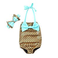 2Pcs/Set Kids Baby Girl Mermaid Swimsuits Halter Toddler Swimwear Bikini Set with Headband (Gold, 12-18 Months)