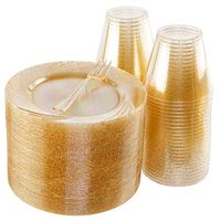 BUCLA 100pack Gold Glitter Plastic Plates 6.5inch -100pack Plastic Dessert Forks 5inch-100Pack Disposable 9oz Gold Glitter Plastic Cups- Perfect for Weddings& Parties