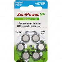 ZeniPower Extra High Power Cochlear Implant BTE Speech Processor Batteries Zinc Air 1.4V Size 675P, 675CI, Implant Plus (6 Batteries)