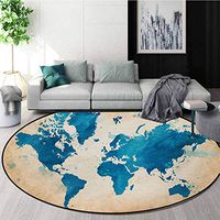 RUGSMAT Map Modern Machine Round Bath Mat,Artistic Vintage World Map with Watercolor Brushstrokes On Old Backdrop Print Non-Slip No-Shedding Kitchen Soft Floor Mat,Round-71 Inch Navy Blue Sand Brown