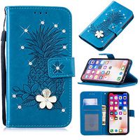 3D Crystal Flower Wallet Case for Samsung Galaxy S10 Plus,Aoucase Cute Pinapple Painted Diamond Magnetic Strap PU Leather Card Slot Shockproof Flip Stand Case with Black Dual-use Stylus,Blue