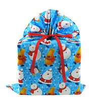North Pole Buddies Reusable Christmas Gift Bag - Santa, Snowman, Reindeer on Blue Fabric (Large 20 Inches Wide by 27 Inches High)