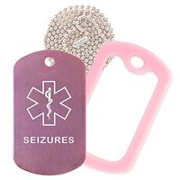 Seizures Medical Alert ID Necklace with Pink Tag, Pink Silencer, and 30'' USA Chain - 154 Color Choices