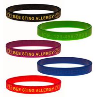 Custom Bee Sting Allergy ID Bracelet Wristband Combo - 5 Pack - 8-1/4 Inches - Large - Black Blue Green Red Purple