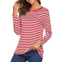 EAZsyn8 Women's Pullover,Striped O-Neck Basic T-Shirt Casual Simple Bottoming Shirt Top Blouse Red