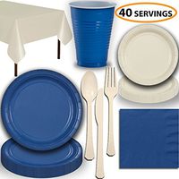 Disposable Party Supplies, Serves 40 - Blue and Cream - Large and Small Paper Plates, 12 oz Plastic Cups, Heavyweight Cutlery, Napkins, and Tablecloths. Full Two-Tone Tableware Set