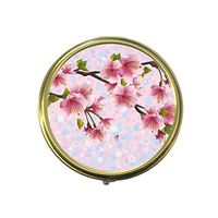 Colorful Spring With Sakura Blossom Custom Fashion Bronze Tone Round Pill Box Medicine Tablet Holder Wallet Organizer Case for Pocket or Purse