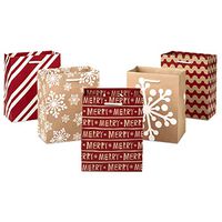 Hallmark 6" Small Holiday Gift Bag Set (Pack of 5; Red, White and Kraft) Snowflakes, Stripes, Merry