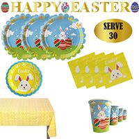 Easter Decoration Bunny Eggs Paper Plates Cups Tablecloth SERVE 30 and Happy Easter Banner for Easter Party Meal Supplies