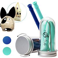 Norfus 10 Inch Reusable Collapsible Silicone Straws with Case and Foldable Cleaning Brush 2 Pack (Blue and Cyan - Dog Grocery Bag Included)