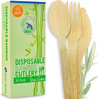 SERVE GREEN Disposable Wooden Cutlery, 10 Sets PREMIUM BAMBOO Reusable Biodegradable Utensils, Large Strong Spoons Forks Knives for Travel, Camping and Party, Alternative to Plastic Silverware