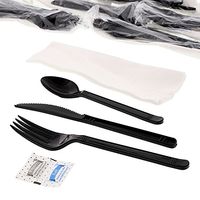 AmerCare Six Piece Meal Kit with 13 x 17 Napkin, Salt and Pepper Packets, Black Heavy Weight Fork, Knife, and Teaspoon, Case of 250