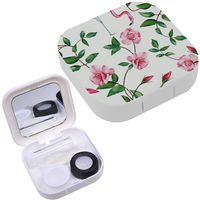 Portable Contact Lens Case Box Travel Kit Mirror + Bottle + Tweezers Container Holder [ Pink Flamingos Branches Rose ]