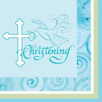16-Count Christening Beverage Napkins, Blue Faithful Dove Cross