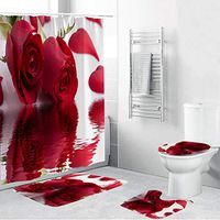 Naiflowers 4 Piece Non-Slip Bathroom Toilet Rug Mats pad & Rug Contour& Shower Curtain with Hooks & Lid Cover, Entryway Kitchen Washable Bath Shower Curtain Carpet,Rose