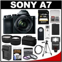 Sony Alpha A7 Digital Camera & 28-70mm FE OSS Lens with 64GB Card + Battery & Charger + Case + Tripod + Flash + Tele/Wide Lens Kit