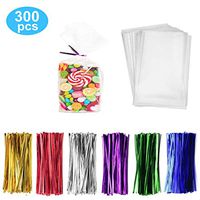 300 Pack Clear Candy Bags Clear Cellophane Bags 2"x10" Cookie Bags With 3.1" Twist Ties 6 Mix Colors - 1.4mils Thickness OPP Plastic Bags for Wedding Birthday Cake Pops Gift Supplies(4"x6")
