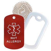 Nut Allergy Medical Alert ID Necklace with Red Tag, White Silencer, and 30'' USA Chain - 154 Color Choices