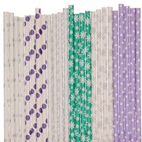 Biodegradable Paper Straws Mix, Frozen Inspired, Purple Lavender Silver Green, Star Snowflake Damask Polka Dot (75)