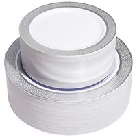 NERVURE Silver Plastic Plates - Disposable Plastic Plates white with Silver Rim for Wedding including 51pcs 10.25inch Plastic Dinner Plates,51pcs 7.5inch Dessert/Salad Plates