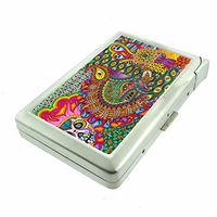 Cigarette Case with Built in Lighter Vintage Psychedelic Trippy S11 Smoking King Size Cigarettes Silver Metal Wallet 4" X 2.75" RFID Protection Weird Strange