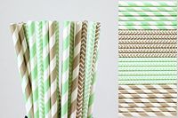 Mint Green and Grey Paper Straw Mixk - Striped and Chevron (25)