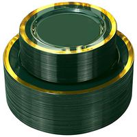 NERVURE Disposable Plastic Plates Party Ware for 51 Guests - Green with Gold Plates-Wedding and Party Plastic Plate Include 51PCS 10.25Inch Dinner Plates And 51PCS 7.5Inch Dessert/Salad Plates.
