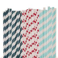 Biodegradable Paper Straws Mix, Nautical Patriotic, Red Navy Blue Light Blue, Striped Polka Dot (50)
