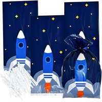 100 Outer Space Galaxy Cellophane Bag Plastic Treat Favor Bags 3 Designs Planets Rocket Ship Astronaut Solar System Science Birthday Party Supplies Decorations Kids Candy Goodie Grab Bag Gift Boutique