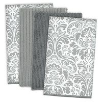 DII Microfiber Multi-Purpose Cleaning Towels Perfect for Kitchens, Dishes, Car, Dusting, Drying Rags, 16 x 19, Set of 4 - Gray Damask