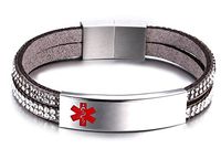 JF.JEWELRY Free Engraving Medical Alert ID Bracelet for Women with 2-Layers Velvet & Rhinestone Link 6.7",Gray