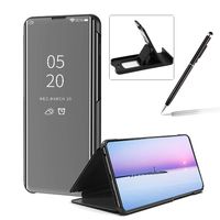 Clear Window View Case for Galaxy A50,Bookstyle Mirror Flip Cover for Galaxy A50,Herzzer Luxury Noble Black Mirror Effect Plated Metal Electroplate PU Leather Case with Stand