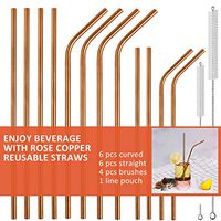 Stainless Steel Drinking Straws Reusable Straw Set of 12 Extra Long Metal Straws for 30/20oz Tumblers Beverage Mason Jar (6 Bent+6 Straight + 4 Brushes),Rose Copper