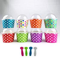 Worlds Paper Ice Cream Cups With Dome Lids No Hole And Plastic Spoons, Polka Dot 4oz Mix 25 Set