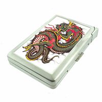Cigarette Case with Built in Lighter Vintage Japanese Dragon Art S11 Smoking King Size Cigarettes Silver Metal Wallet 4" X 2.75" RFID Protection