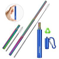 Maidier Telescopic Metal Straws with Case - Rainbow Color Stainless Steel Straw, Portable Straws Drinking Reusable Stainless Steel with Aluminum Case, Cleaning Brush & Keychain (Blue)