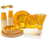 250PCS Gold Disposable Paper Plates Set - ENUOSUMA Paper Party Supplies Dinnerware Set Include 50 Dinner Plates 50 Dessert Plates 50 Cups 50 Napkins 50 Straws For Birthday Wedding Bridal/Baby Shower
