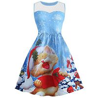 Challyhope Women Sleeveless Christmas Cute Cat Print Lace Splice Party Flare Dress (Blue, L)